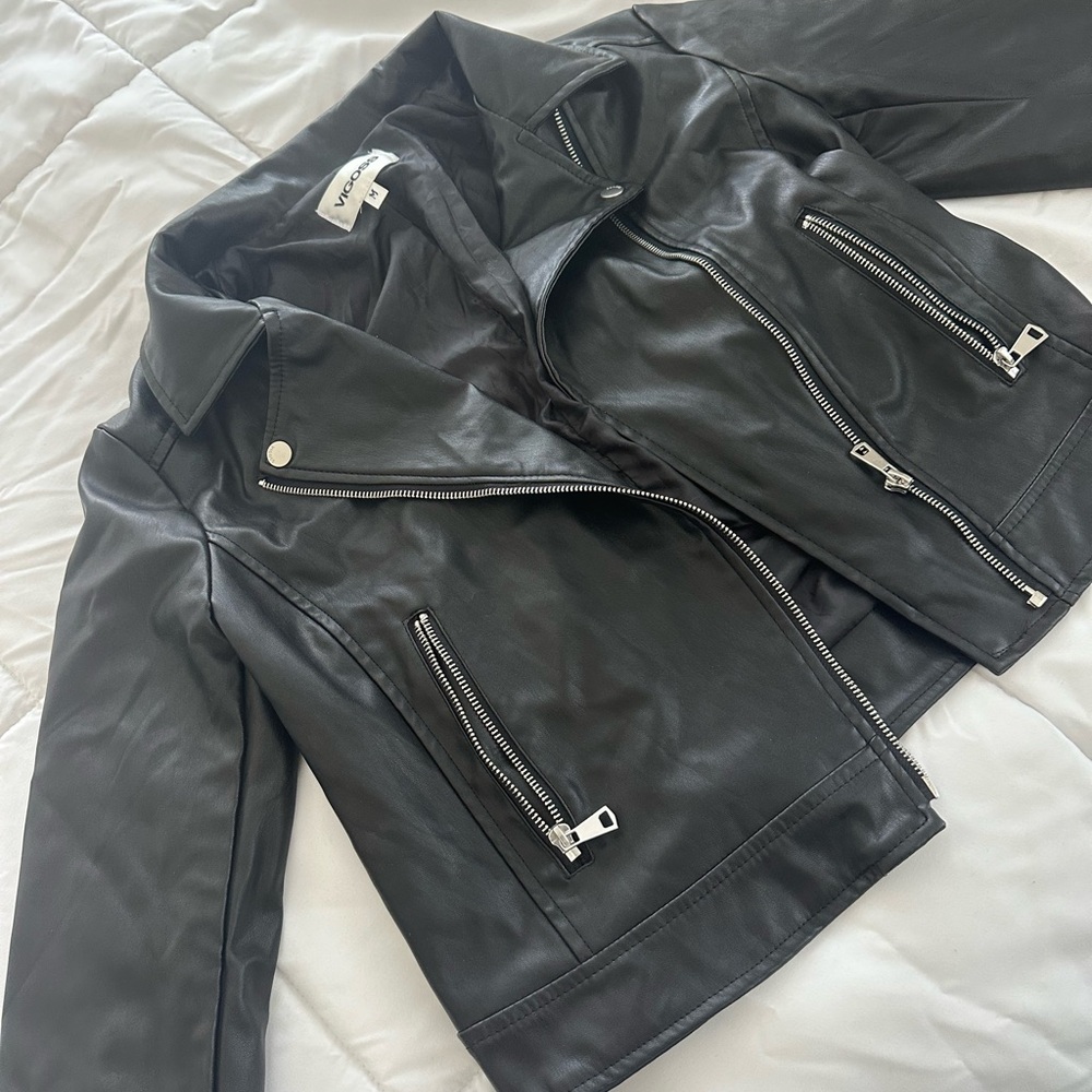 Vigoss Black Leather Moto Jacket with Silver Zippers